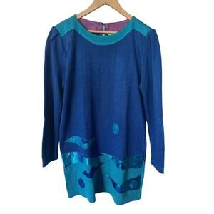 Vintage 80s Anthony Sicari Blue Abstract Knit Sweater Dress Size 12 USA Made
